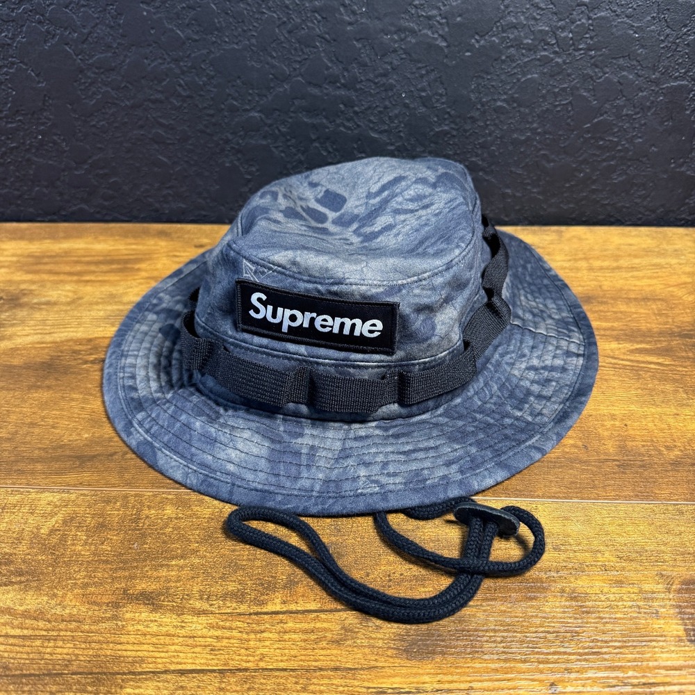 Supreme Box Logo Military Boonie SS22 Hat Grey Acid Wash Cotton Canvas M/L
